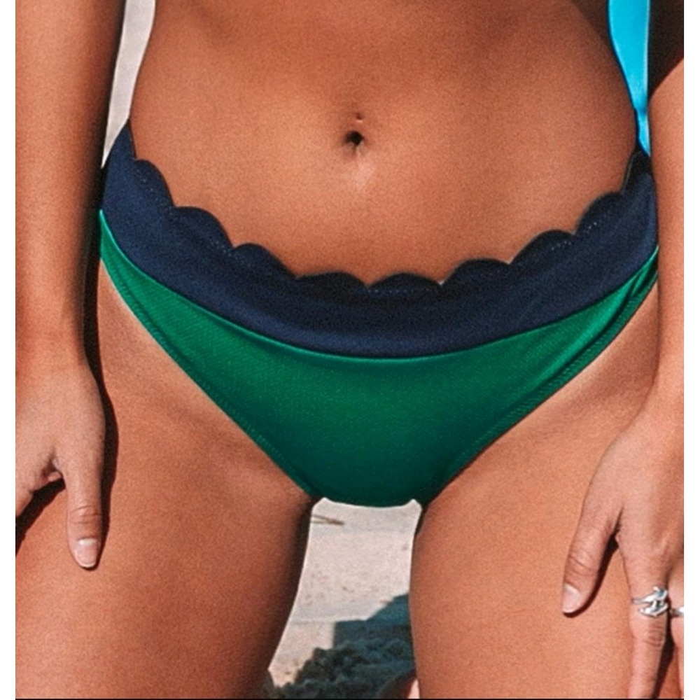 New Scalloped Bikini Bottom Swim Nautical  Sz XL Cupshe Navy & Green‎ Coastal